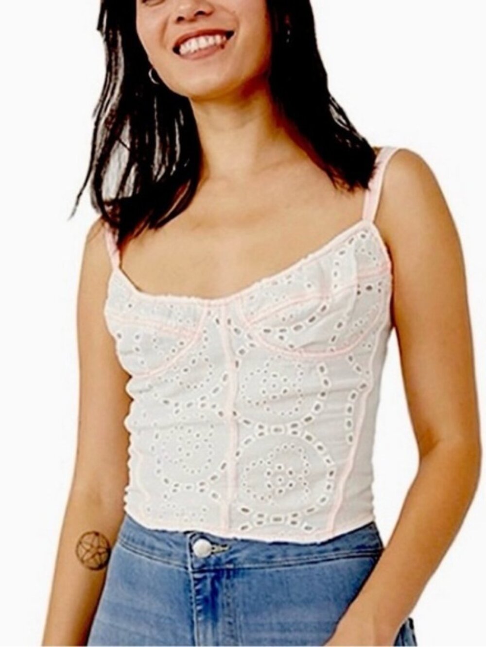 Free People White Eyelet Cropped Cami with Pink Trim
